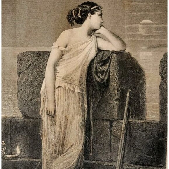 1881 Engraving Hero Watching For Leander Telescope Victorian Mythology DWQQ18 - Picture 1 of 2